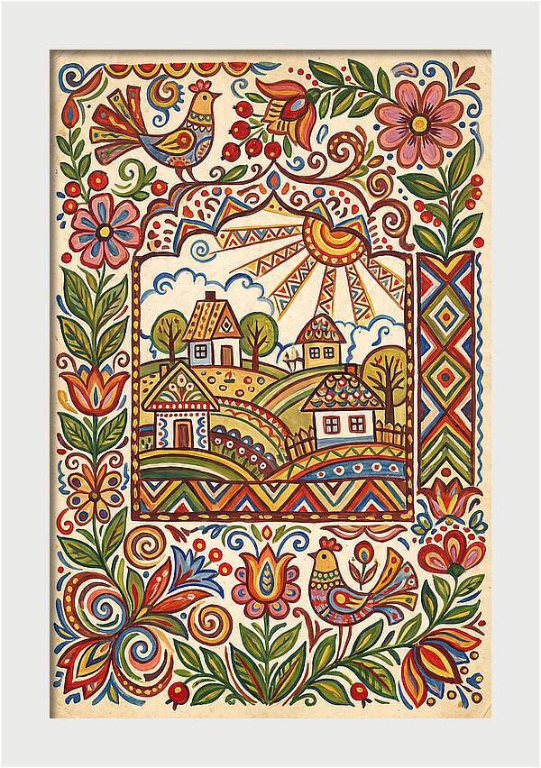 Folk Art Village Scene
