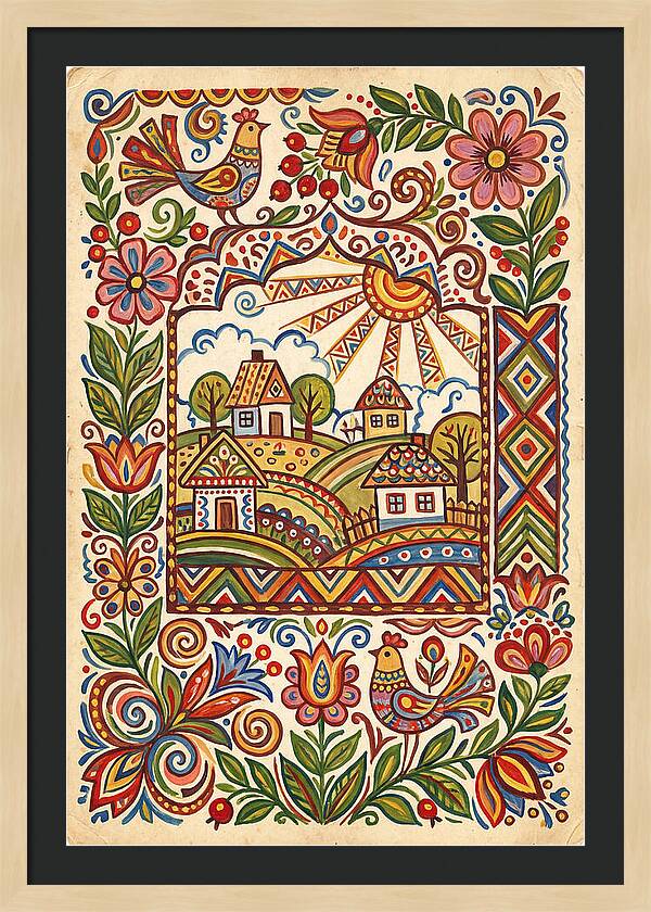 Folk Art Village Scene