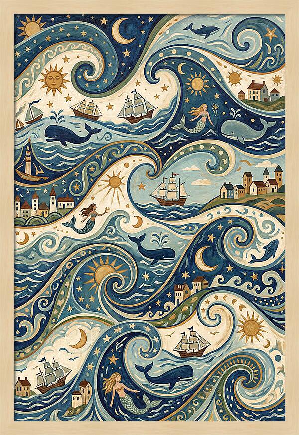 Folk Art Waves And Whales