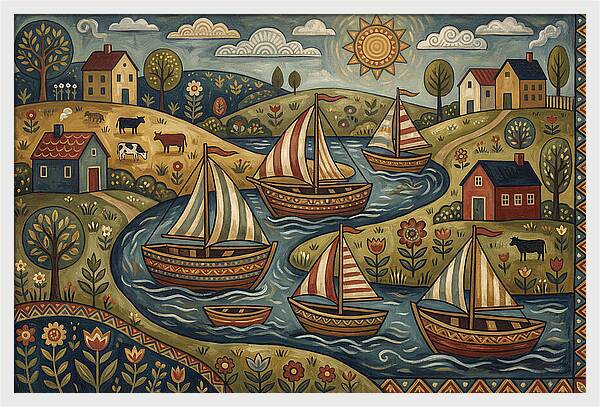 Folk Landscape With Boats