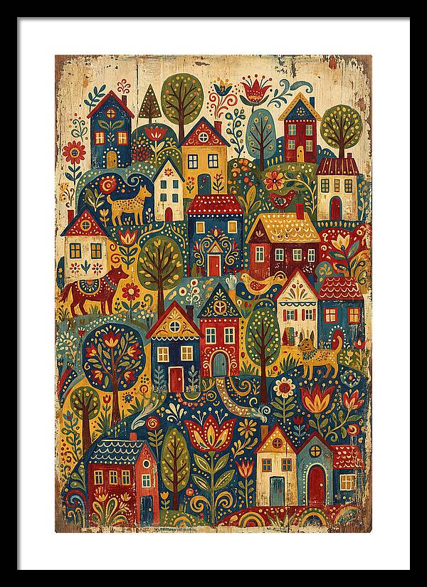 Folk Village On Distressed Wood