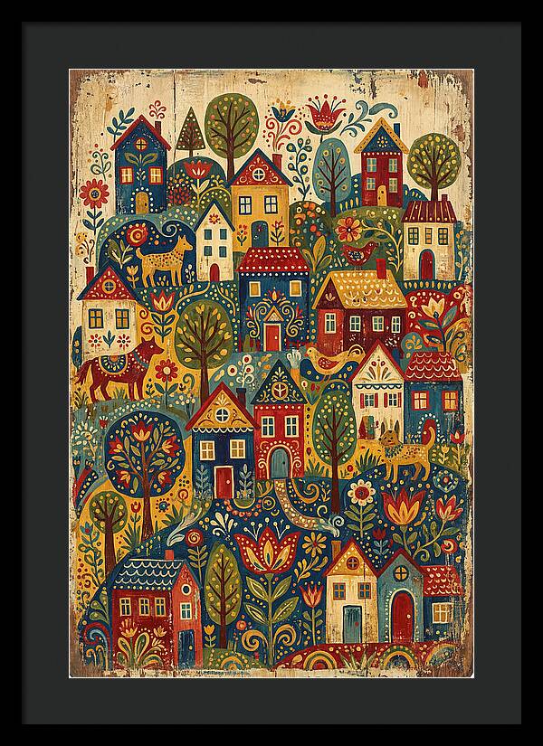 Folk Village On Distressed Wood