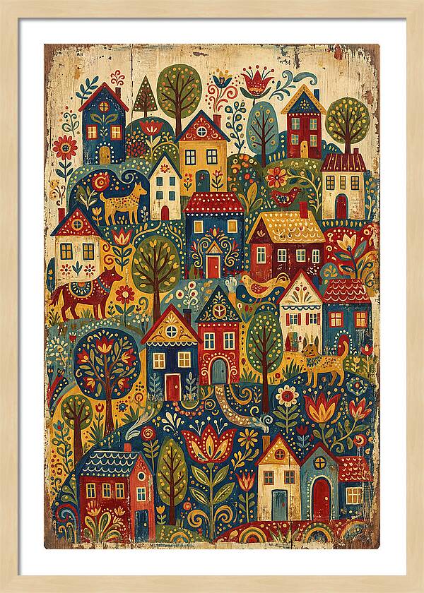 Folk Village On Distressed Wood