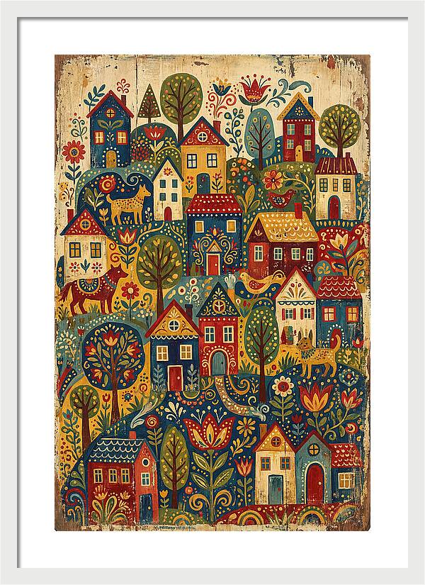 Folk Village On Distressed Wood