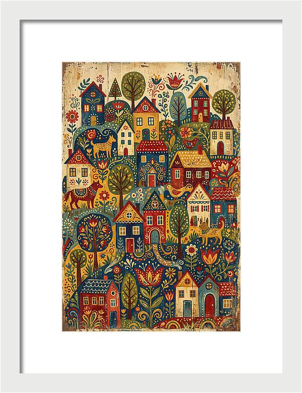 Folk Village On Distressed Wood