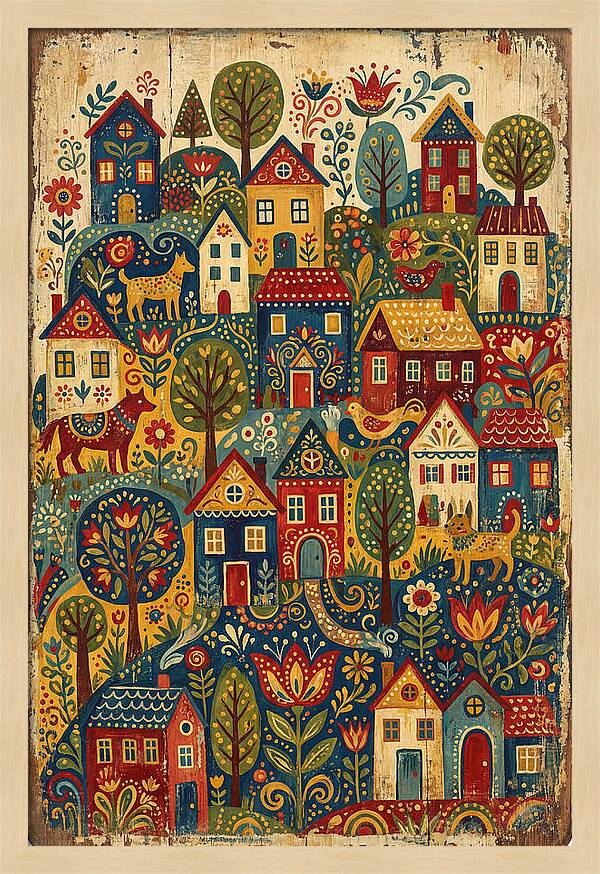 Folk Village On Distressed Wood