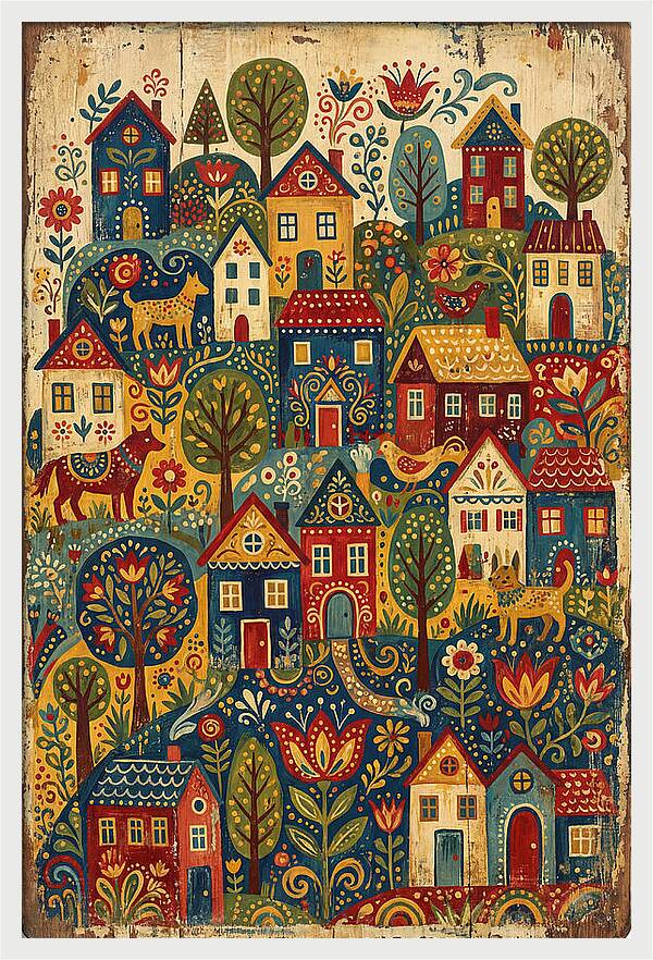 Folk Village On Distressed Wood