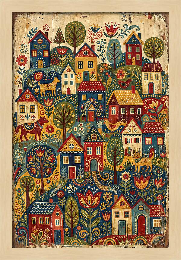 Folk Village On Distressed Wood