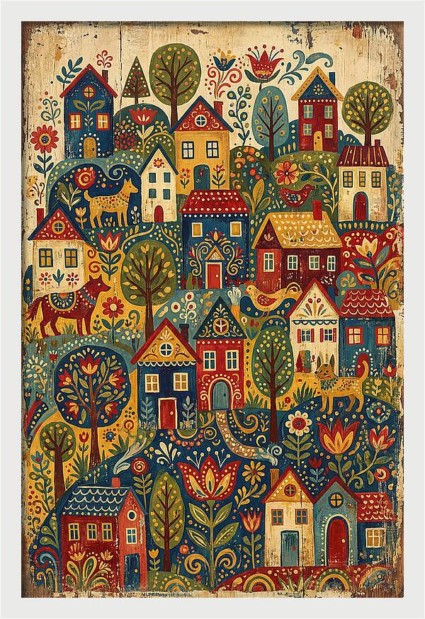 Folk Village On Distressed Wood