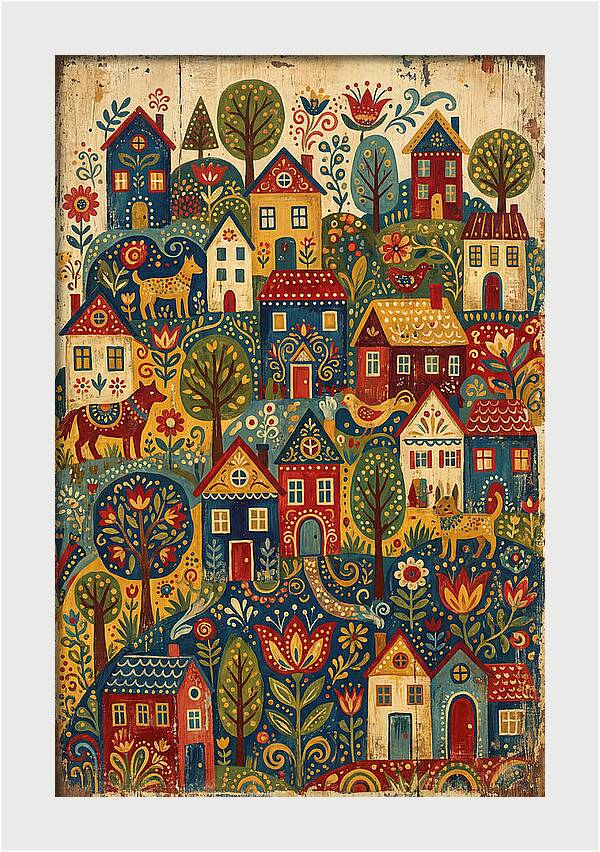 Folk Village On Distressed Wood