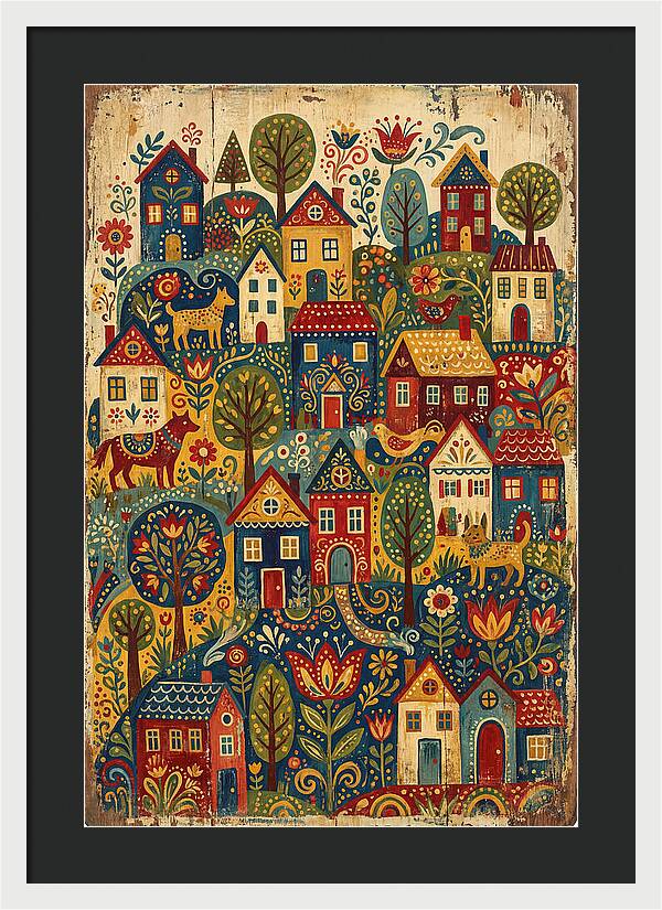 Folk Village On Distressed Wood
