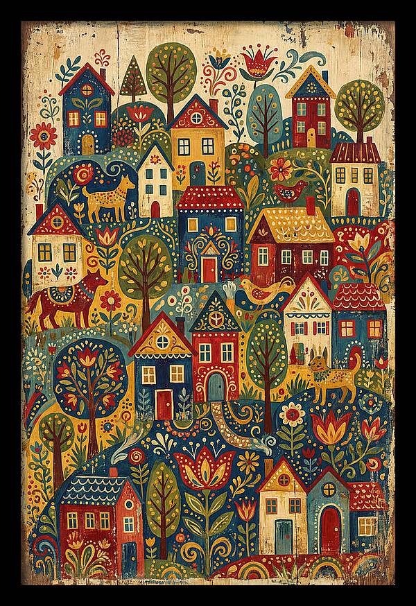 Folk Village On Distressed Wood