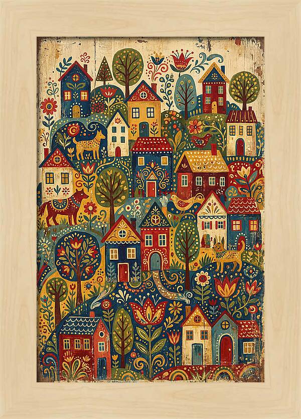 Folk Village On Distressed Wood