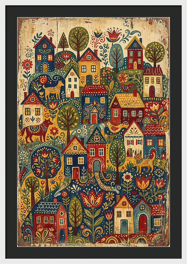Folk Village On Distressed Wood