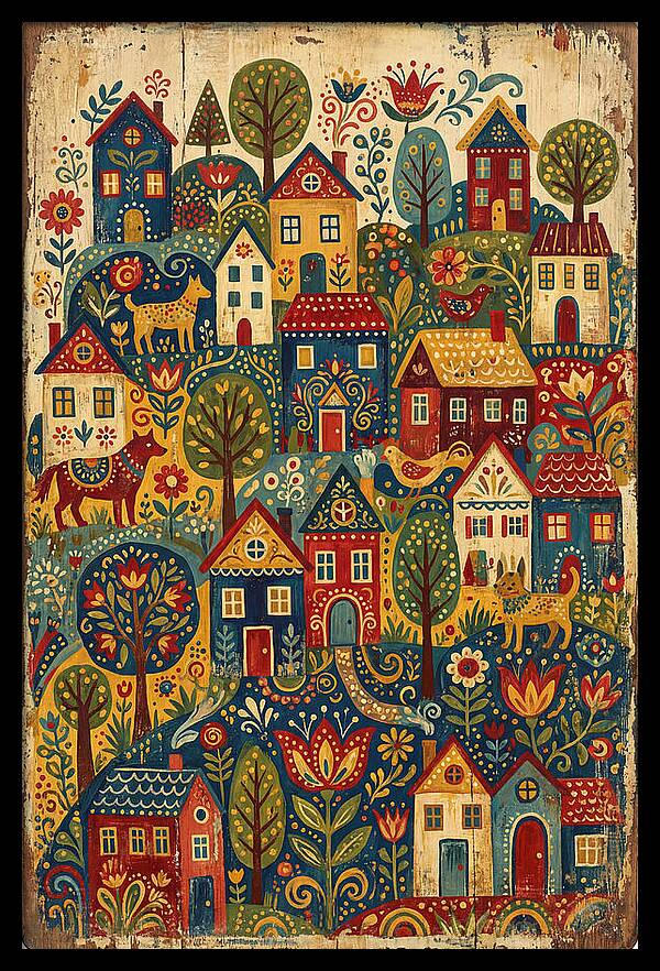 Folk Village On Distressed Wood