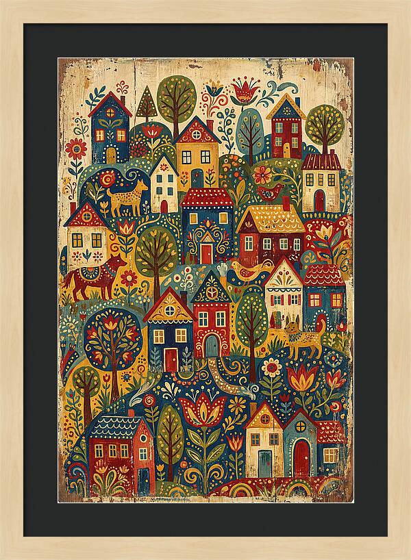 Folk Village On Distressed Wood