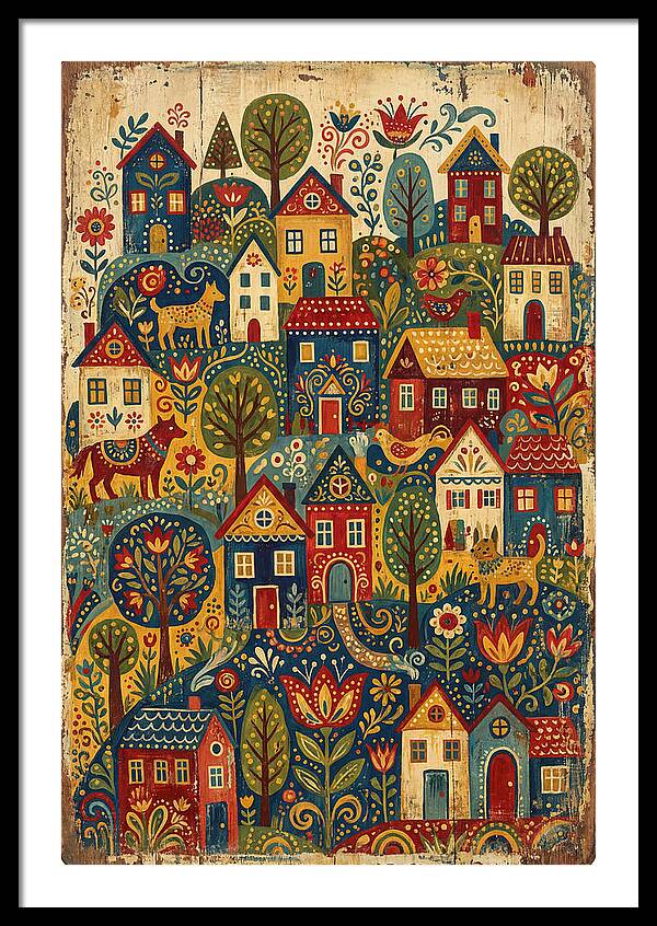 Folk Village On Distressed Wood