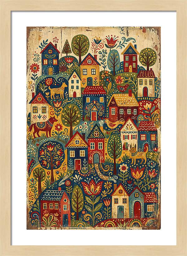 Folk Village On Distressed Wood