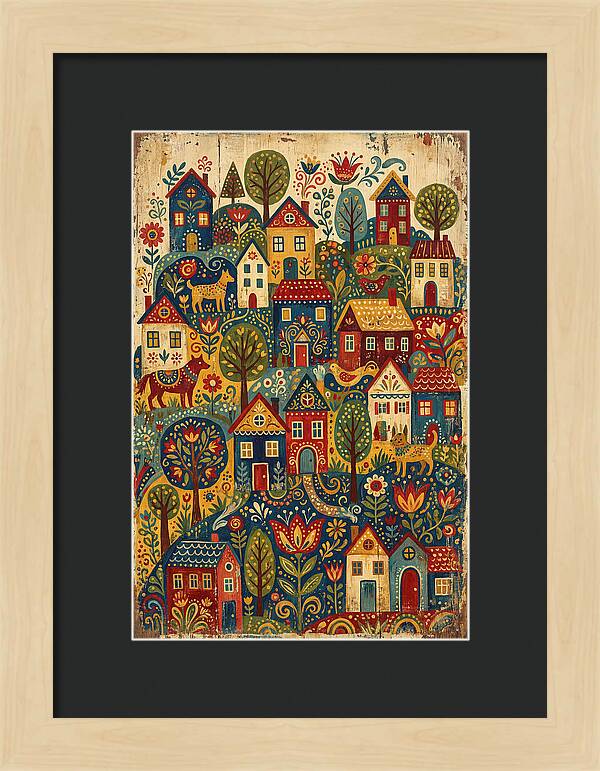Folk Village On Distressed Wood