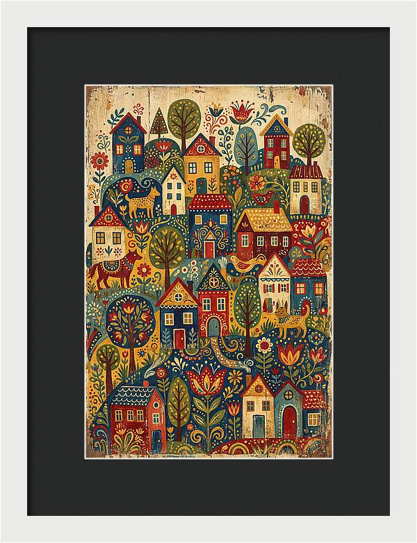 Folk Village On Distressed Wood