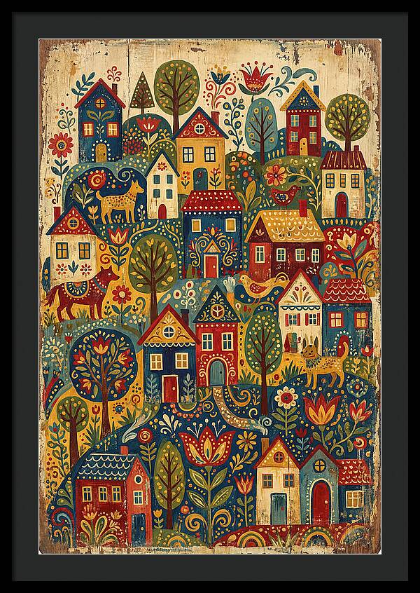 Folk Village On Distressed Wood