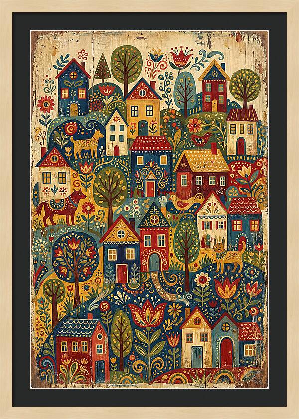 Folk Village On Distressed Wood