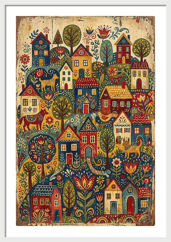 Folk Village On Distressed Wood