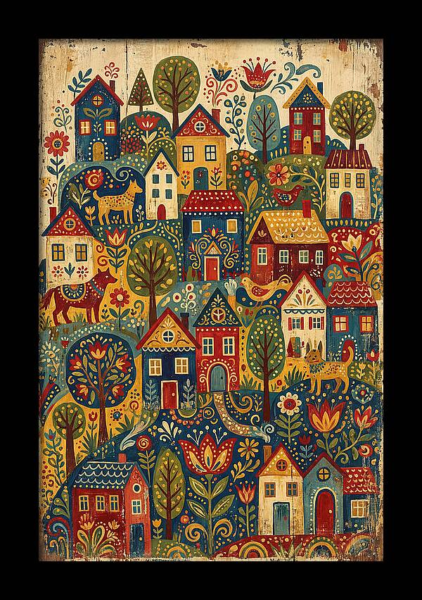 Folk Village On Distressed Wood
