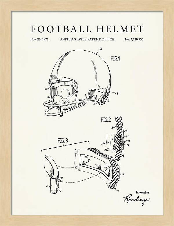 Football Helmet Rawlings Minimalist Patent Us3720955a