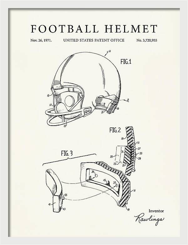 Football Helmet Rawlings Minimalist Patent Us3720955a