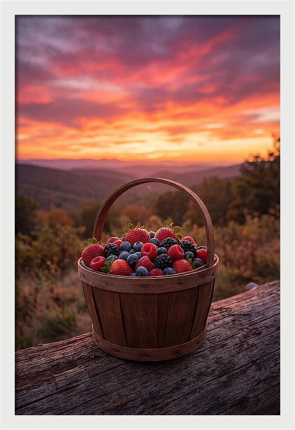 Fresh Berries In A Sunset Basket