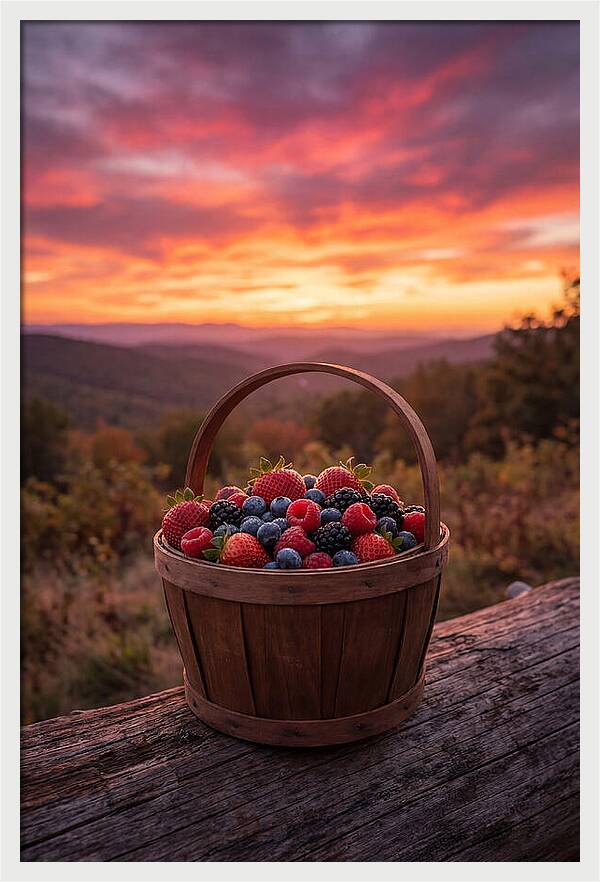 Fresh Berries In A Sunset Basket