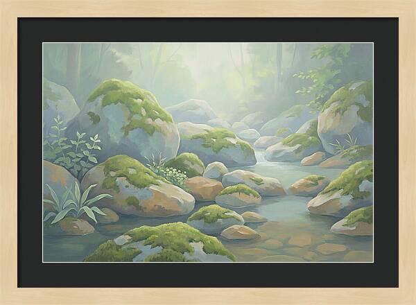 Fresh Green Moss On Stream Rocks