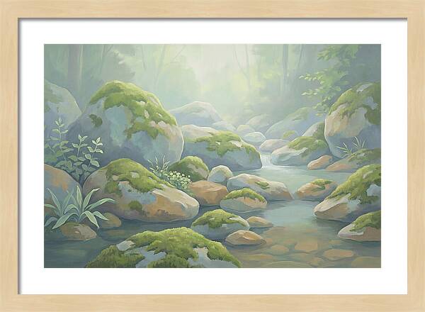 Fresh Green Moss On Stream Rocks