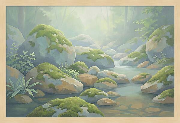 Fresh Green Moss On Stream Rocks