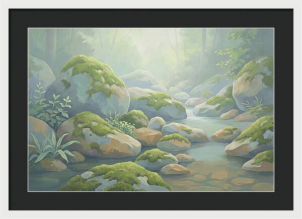 Fresh Green Moss On Stream Rocks