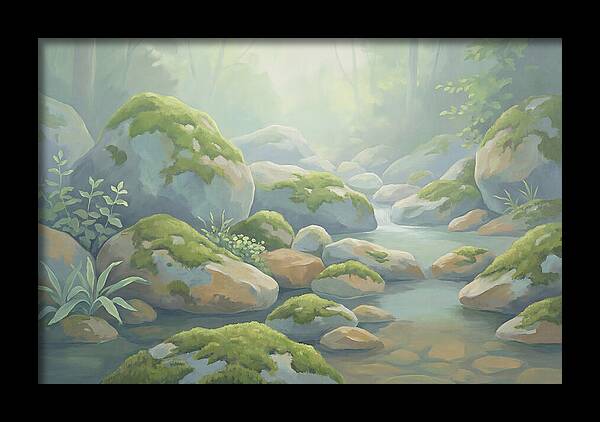 Fresh Green Moss On Stream Rocks