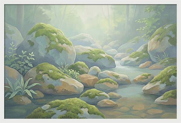 Fresh Green Moss On Stream Rocks