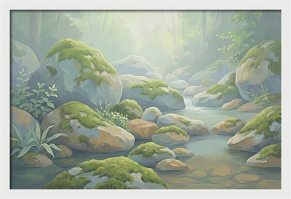 Fresh Green Moss On Stream Rocks