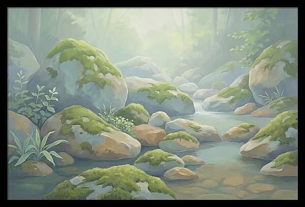 Fresh Green Moss On Stream Rocks