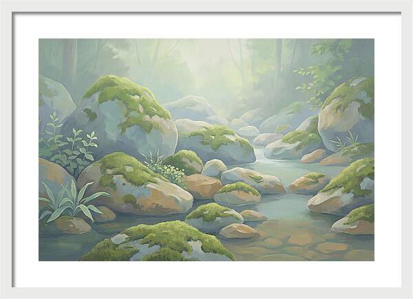 Fresh Green Moss On Stream Rocks