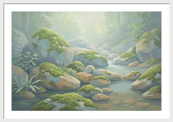 Fresh Green Moss On Stream Rocks