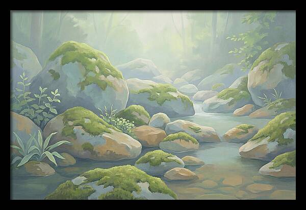 Fresh Green Moss On Stream Rocks