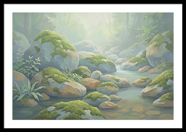 Fresh Green Moss On Stream Rocks