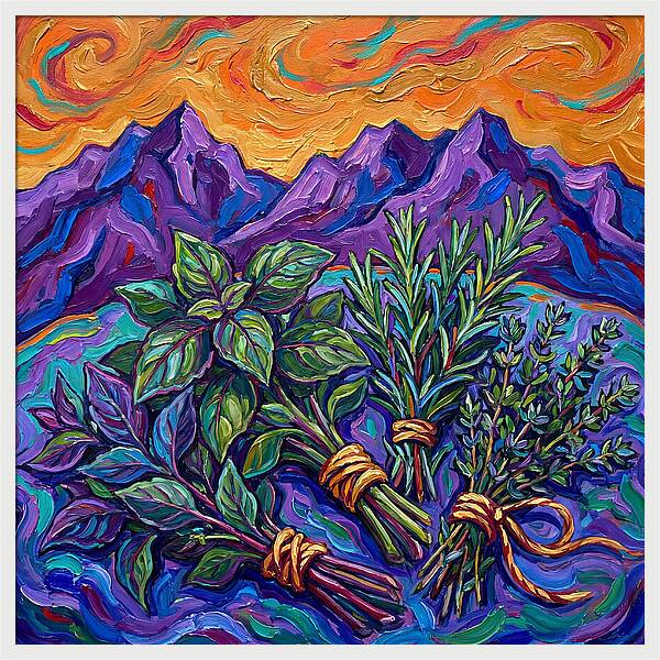 Fresh Herbs Against Majestic Mountains