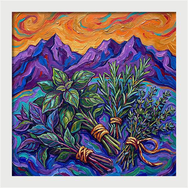 Fresh Herbs Against Majestic Mountains