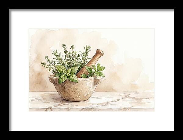 Fresh Herbs In Mortar With Pestle