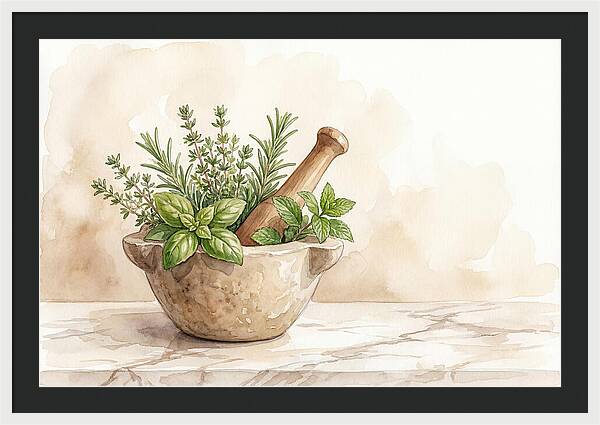 Fresh Herbs In Mortar With Pestle