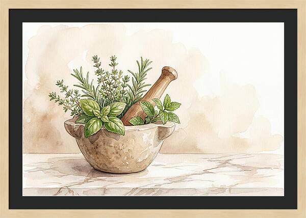 Fresh Herbs In Mortar With Pestle