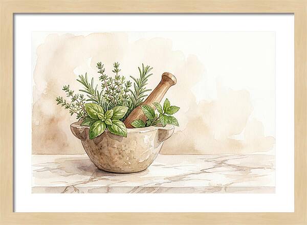 Fresh Herbs In Mortar With Pestle